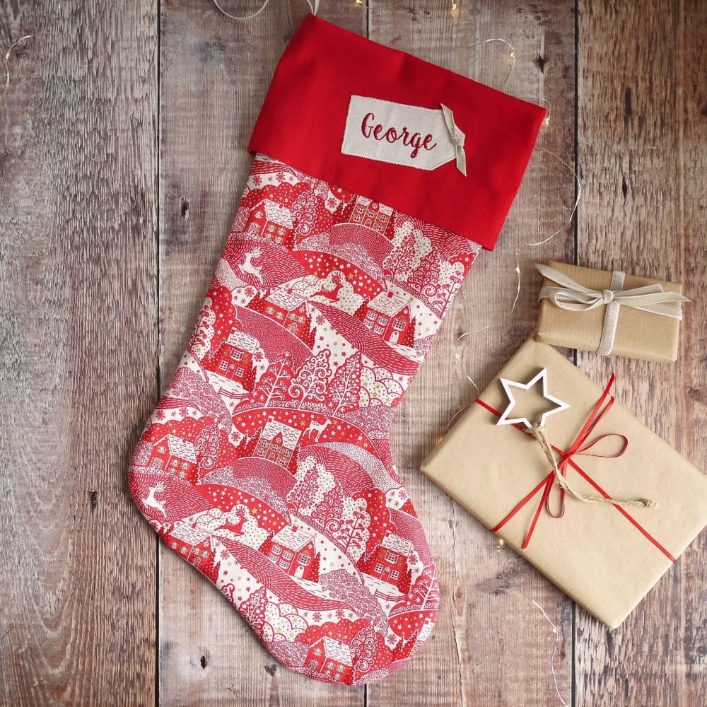 Personalised Red Christmas Scene Stocking Personalised Christmas stockings and decorations