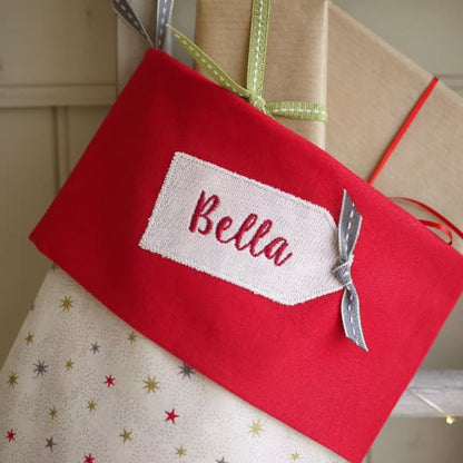 Personalised Christmas Stocking - Red And Cream Stars Personalised Christmas stockings and decorations