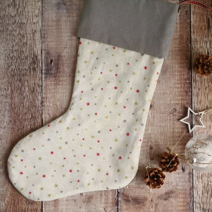 Personalised Cream Grey Christmas Stocking with stars Personalised Christmas stockings and decorations