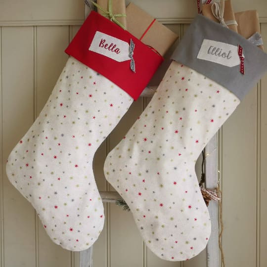 Personalised Cream Grey Christmas Stocking with stars Personalised Christmas stockings and decorations