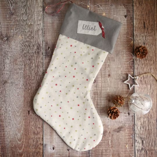 Personalised Cream Grey Christmas Stocking with stars Personalised Christmas stockings and decorations