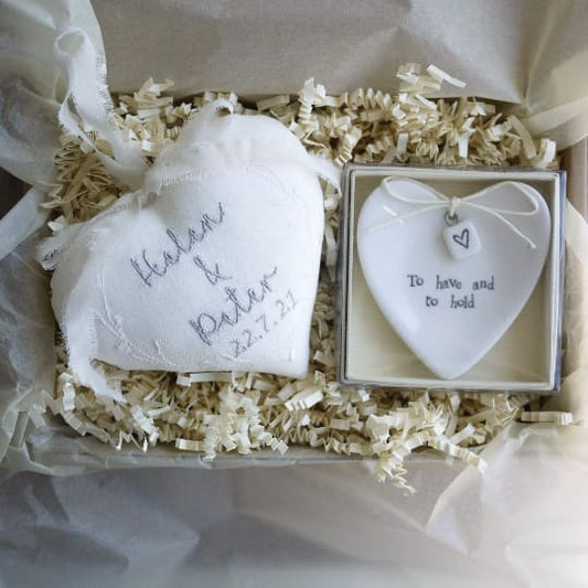 Personalised Embroidered Wedding Day Gift Heart Set